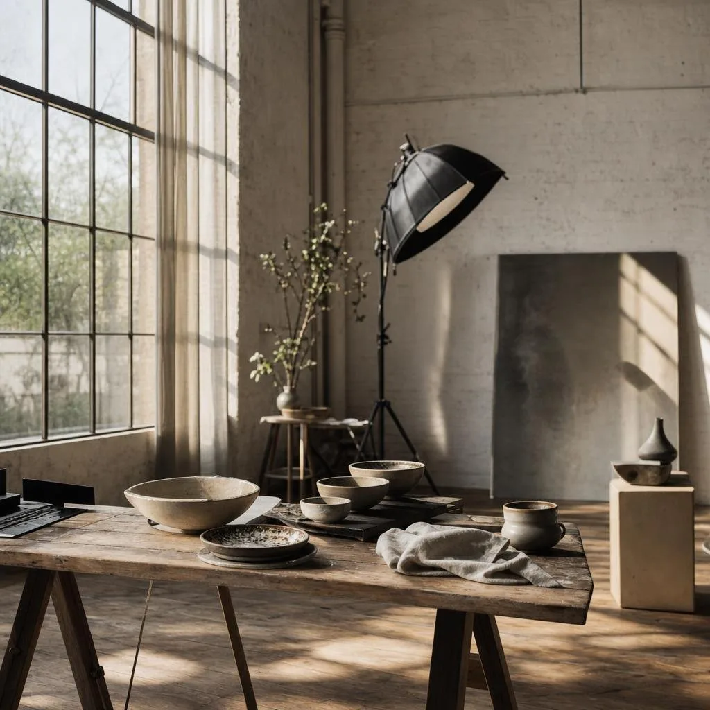 Daylight food studio with props, linens and a styled plate on the bench